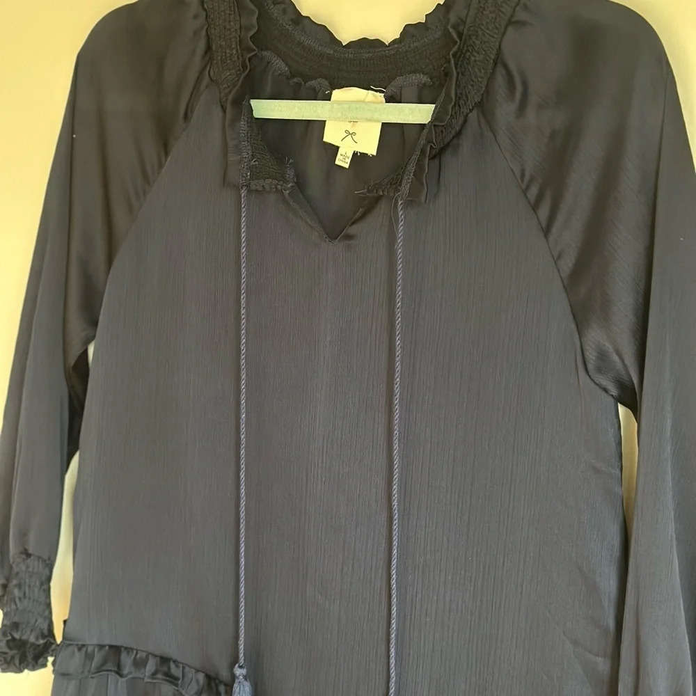 Hayden Girls Smocked Satin Dress Navy Size Large Tie Neck Long Sleeve